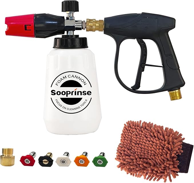 Sooprinse Foam Cannon Kit with Pressure Washer Short Gun, 1 L Snow Foam Lance with 1/4 Inch Quick Connector, Foam Blaster with Pressure Washer Gun,4000 PSI, Black