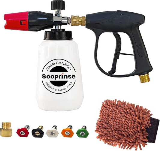 Sooprinse Foam Cannon Kit with Pressure Washer Short Gun, 1 L Snow Foam Lance with 1/4 Inch Quick Connector, Foam Blaster with Pressure Washer Gun,4000 PSI, Black
