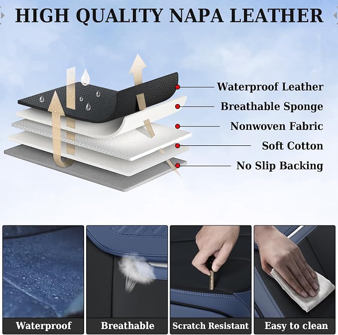 Coverado Front and Back Seat Covers for Cars, Nappa Leather Car Seat Covers Full Set, Waterproof Carseat Protector Seat Cushion, Luxury Automotive Seat Covers Universal Fit for Most Cars(Blue&Black)