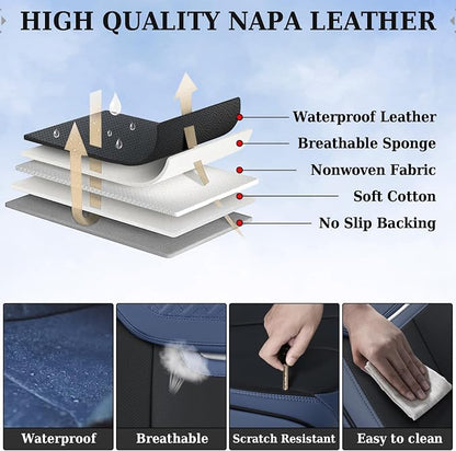 Coverado Front and Back Seat Covers for Cars, Nappa Leather Car Seat Covers Full Set, Waterproof Carseat Protector Seat Cushion, Luxury Automotive Seat Covers Universal Fit for Most Cars(Blue&Black)