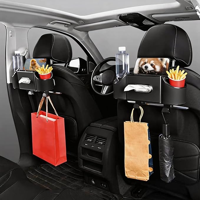 Back Seat Car Organizer,4 in 1 Multifunctional Car Back Seat Storage Box with Drink Cup Holder Tissue Box, for Hold Phone,Snacks, Drinks, Handbag-Black