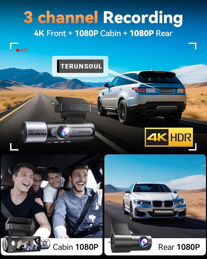 4K Dash Cam Front and Rear, Full HD 3 Channel Dashcam, Free 128GB Memory Card, Built-in 5.8GHz WiFi Built-in GPS, Collision Sensor, Night Vision, 3.16" IPS, 24H Parking Mode（Black）