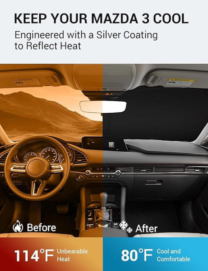 Proadsy 2026 Upgrade Windshield Sun Shade Custom Fit Mazda 3 2019-2025 2026 Mazda3 Hatchback/Sedan Front Sunshade Protector Foldable Sun Visor Blocks UV Rays Keep Car Cooler