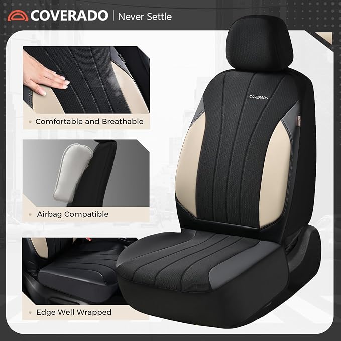 Coverado Automotive Seat Covers Front Seats, Luxury Car Seat Covers, Auto Seat Covers 2-Pack, Beige Driver Seat Protectors, Universal Fit for SUVs, Trucks, Sedans