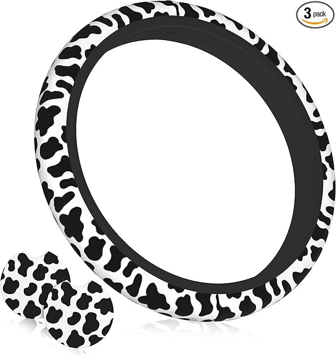 Cow Print Steering Wheel Cover + 2 Pc Cattle Print Car Coasters | Anti-Slip Breathable Universal 14.5-15.5 in for Suitable for Men Women