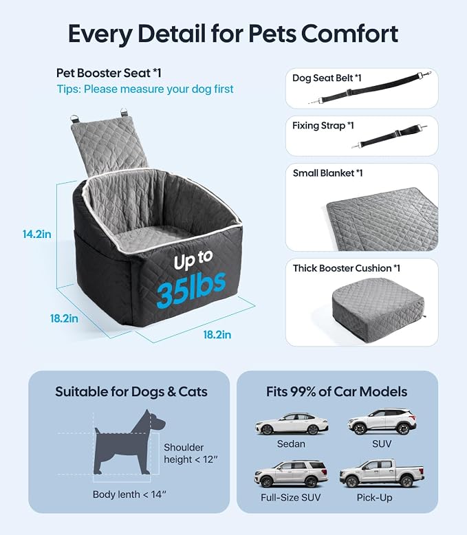 Wigoo Dog Booster Car Seat for Small/Medium Dogs Under 35 lbs, Memory Foam Elevated Seat, Fully Detachable & Washable, Pet Car Travel Home Bed with Storage Pockets, 1 Safety Belt, Black