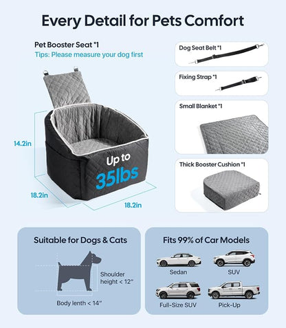 Wigoo Dog Booster Car Seat for Small/Medium Dogs Under 35 lbs, Memory Foam Elevated Seat, Fully Detachable & Washable, Pet Car Travel Home Bed with Storage Pockets, 1 Safety Belt, Black