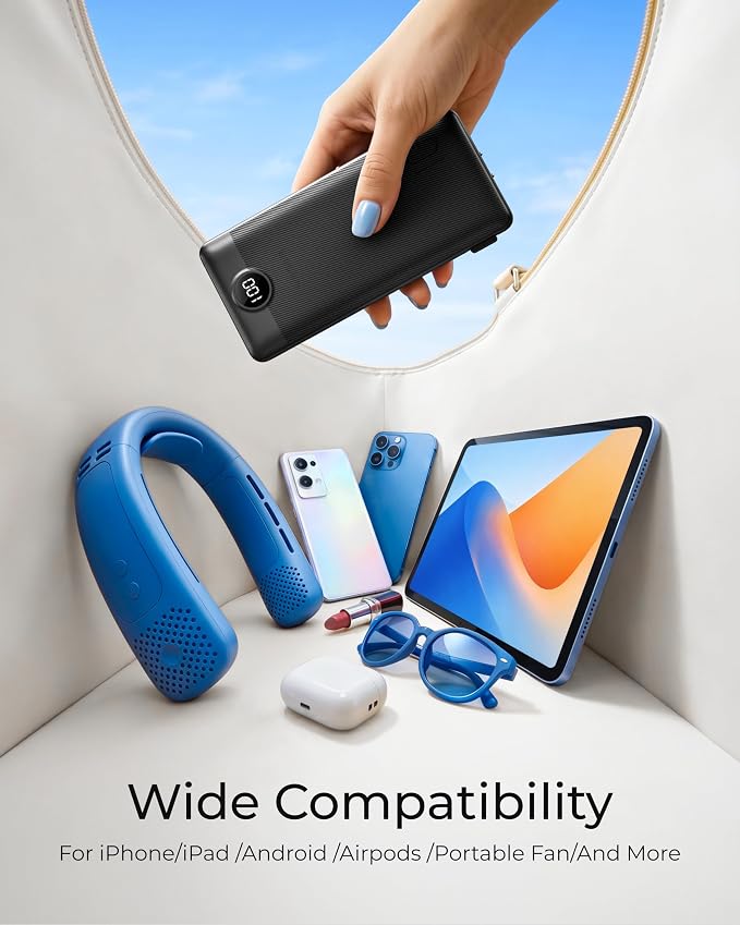 VEGER Portable Charger Power Bank with Built-in AC Plug and Cables, All in One 10000mAh Ultra Slim Travel Essentials, Fast Charging Battery Pack Compatible with iPhone, Samsung, Android, Black
