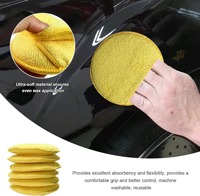 8PCS Microfiber Wax Applicator Pads, 5 Inch Round Car Wash Sponge Cleaning Tools with Finger Pocket, Scratch-Free Ultra-Soft Foam Bulk for Fine Polishing Detailing Waxing (Yellow)