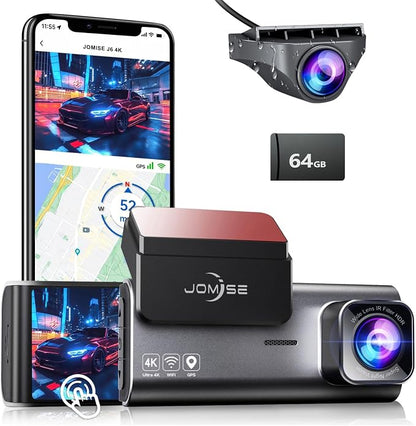 JOMISE 4K Dash Cam Front and Rear, 3.16” IPS Touch Screen, 64GB Card Included, Dual Dash Camera for Cars, Built-in GPS Wi-Fi, UHD 2160P Night Vision, WDR, 24H Parking Monitor (J6)