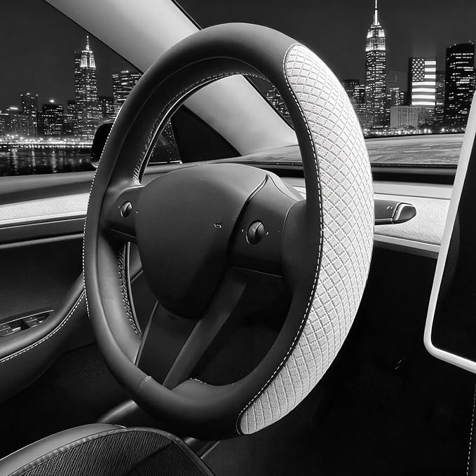 SEG Direct Flat Bottom Steering Wheel Cover, D Shaped Car Wheel Cover 14 1/2-15 in. (37-39 cm), Black White Embossed Microfiber Leather
