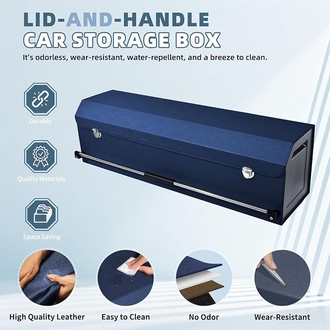 Car Trunk Organizer, Leather Trunk Organizer for Suv with Lid and Push-pull Handle Car Trunk Leather Storage Box Extra Large Cargo Storage (Blue, 41.3 x 11.4 x 12.2in)