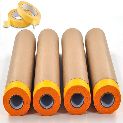 Pre-Taped Paint Masking Paper and Masking Tape Sets,4 Rolls 22inch-50feet Painters Paper and 2 Rolls Painters Tape, Automotive Paint Paper, Tape and Drape Waterproof for Painting Protection Covering