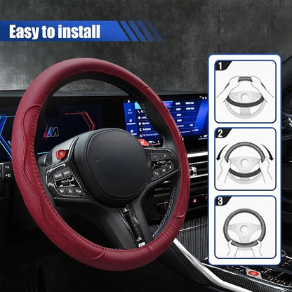 Car Steering Wheel Cover, 15 Inch Leather Anti-Slip Breathable Automotive Steering Wheel Protector, Universal Heat Resistant Vehicle Interior Accessories Cars, SUVs, Trucks (Burgundy)
