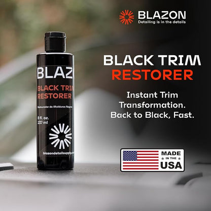 BLAZON Black Trim Restorer – Dye-Infused Plastic Restorer for Faded Exterior Trim, Deep Black Finish, Scratch Correction, Long-Lasting Durability & UV Protection - 4 oz Kit