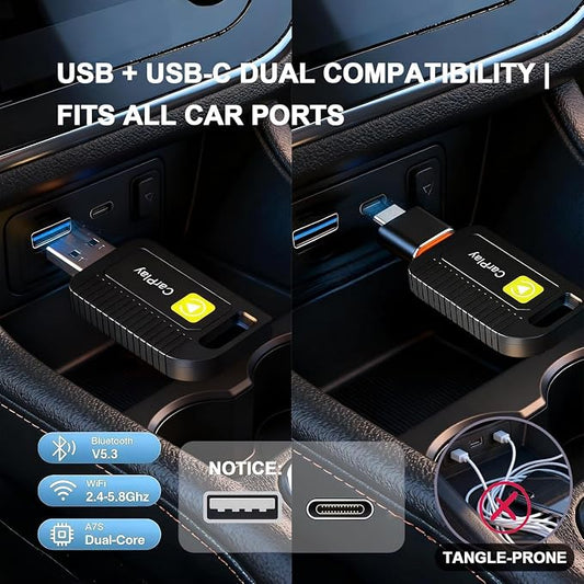 Wireless CarPlay Adapter for Apple iPhone Convert from Wired for Apple Carplay Wireless Adapter Automatic Connection,Plug & Play,No Screen Delay,Compatible with iOS 10+ Comes with USB-A/Type-C Port