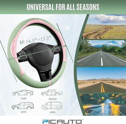 PIC AUTO Steering Wheel Cover, Pink Patterned & Green Leather Patchwork Design, Universal Fit 14.5"–15.5", Anti-Slip, Odor-Free, Soft PU Grain Leather, Durable Grip Car Accessory for Girls & Women