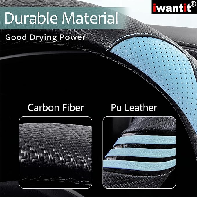 Iwantit® Cute Steering Wheel Cover for Women, Carbon Fiber&Breathable Pu Leather with Anti-Slip Rubber Ring, Steering Wheel Protector for Men, Universal Fit 14.5-15 inches for Cars,SUV (Cool Blue)