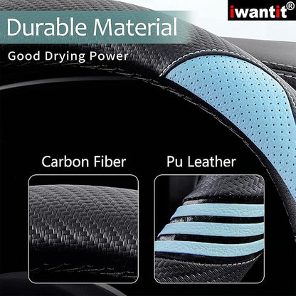 Iwantit® Cute Steering Wheel Cover for Women, Carbon Fiber&Breathable Pu Leather with Anti-Slip Rubber Ring, Steering Wheel Protector for Men, Universal Fit 14.5-15 inches for Cars,SUV (Cool Blue)