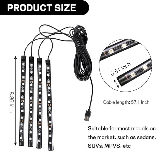 Car LED Strip Light, 12V 48 LED Interior Atmosphere Lights Under Dash Ambient Night Light, Universal Auto Interior Decorative Lamp with USB Port, Truck SUV Car Accessories (Red, USB)