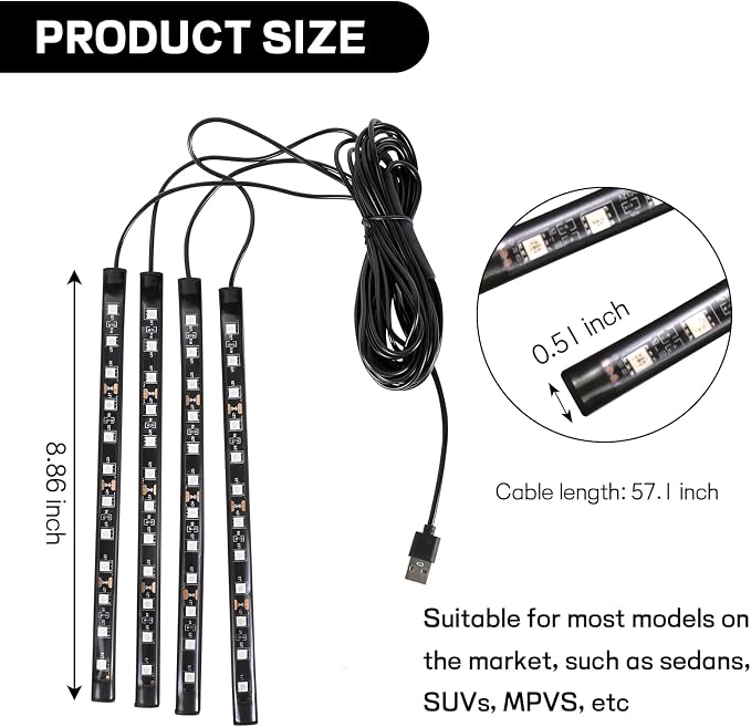 Car LED Strip Light, 12V 48 LED Interior Atmosphere Lights Under Dash Ambient Night Light, Universal Auto Interior Decorative Lamp with USB Port, Truck SUV Car Accessories (Blue, USB)