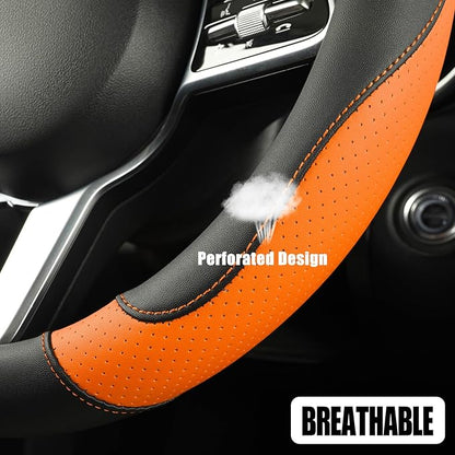 Microfiber Leather Steering Wheel Cover, Breathable, Anti Slip, 13.5 inch to 14 inch, Black with Orange