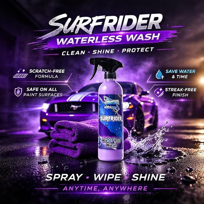 Winter White SURFRIDER Waterless Car Wash Spray – High gloss, scratch-free formula for all surfaces. Cleans, shines, and protects with UV defense. 2-pack of 16oz bottles for pro results anytime!