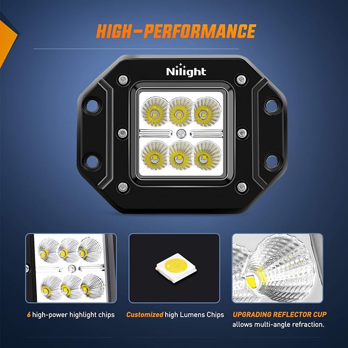 Nilight - NI23C-18W 2PCS 18W Flood LED Work Light Driving Lights Led Light Bar Off Road Led Lights Flush Mount for Jeep Truck Tacoma Bumper ATV UTV
