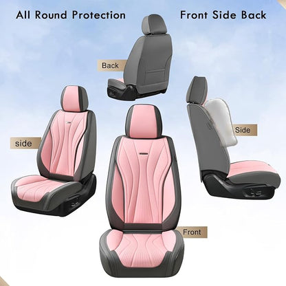 Coverado Seat Covers Full Set, Leather Car Seat Covers, Waterproof Seat Covers for Cars, Front and Back Seat Covers, Car Seat Protectors Car Seat Cushions Universal Fit for Most Cars, Gray&Pink