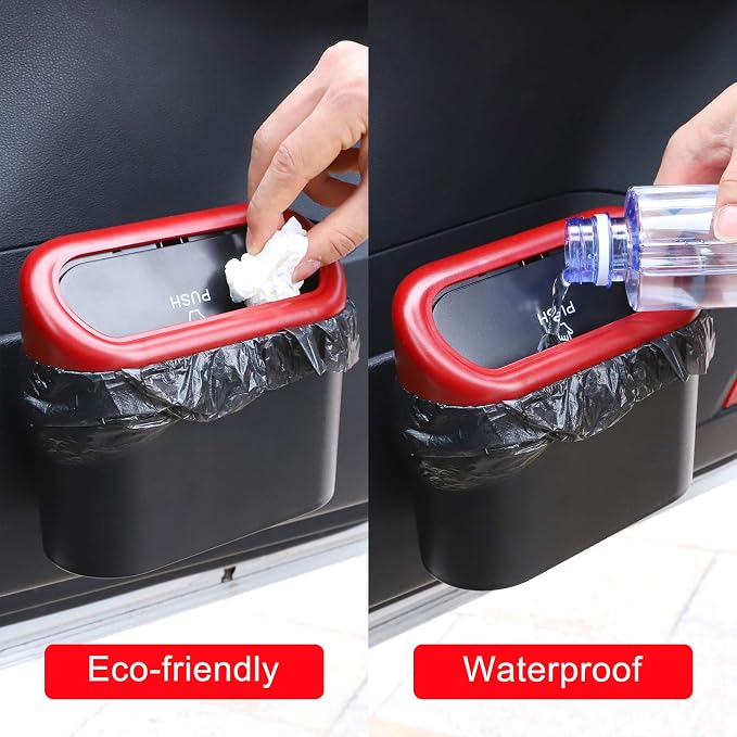 Accmor Car Trash Can with Lid, 2 Packs Mini Vehicle Trash Bin Car Dustbin Garbage Organizer Holder with 2 Roll Trash Bag, Portable Hanging Leakproof Cars Storage Bag Container for Auto, SUV (Red)