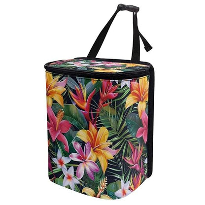 Talayituse Tropical Hiiscus Plumeria Print Car Trash Can with Lid, Leak Proof Auto Trash Bag Hanging Vehicle Garbage Can Multipurpose Storage Container for Back Seat Road Trip