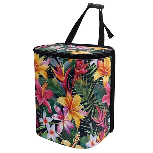 Talayituse Tropical Hiiscus Plumeria Print Car Trash Can with Lid, Leak Proof Auto Trash Bag Hanging Vehicle Garbage Can Multipurpose Storage Container for Back Seat Road Trip
