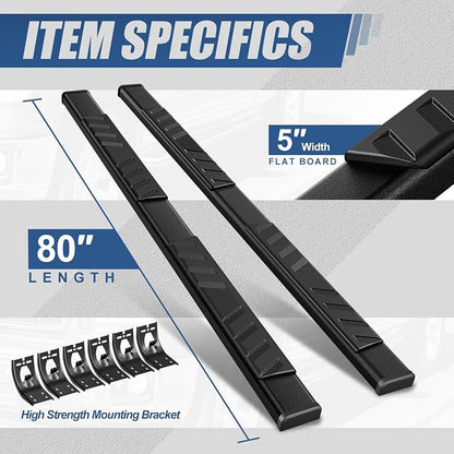 Auto Dynasty Flat Running Boards Compatible with 2009-2024 Dodge Ram 1500 Truck Extended/Quad Cab, Stainless Steel Side Step Rail Nerf Bars, 5" Step Bars, Black Powdercoated