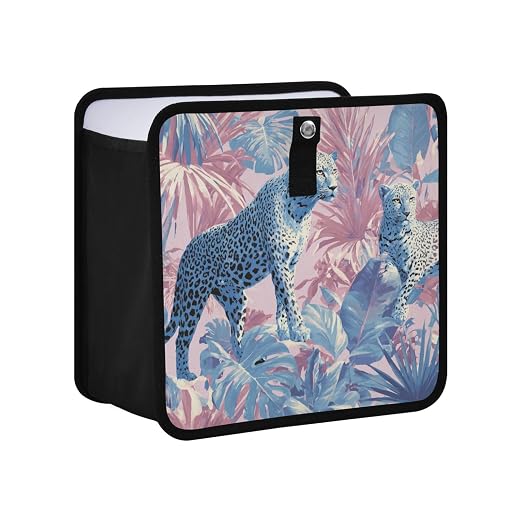 Car Trash Can Organizer Bin with Adjustable Strap for Back Front Seat Console Waterproof Leakproof Collapsible Portable 8.66 Inch Cute Cheetah and Palm Leaves