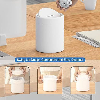 Mini Desk Trash Can with Lid for Desk,0.4 Gallon Brushed Stainless Steel Countertop Trash Can with Lid for Desktop Car Office Kitchen, Swing Top Trash Bin with a Roll of Trash Bag（White）