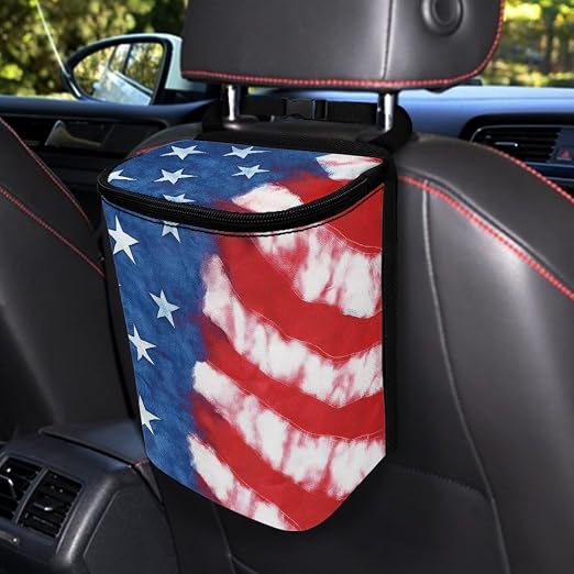Talayituse American Flag Tie Dye Print Car Trash Bin, Large Size Auto Trash Can Adjustable Portable Garbage Can with Lid, Vehicle Hanging Bag for Headrest Front Back Seat