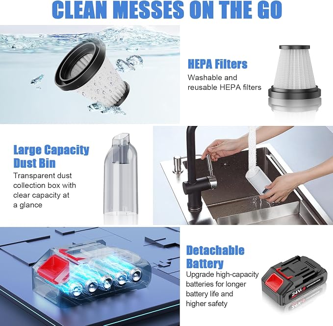 HCRTGAY Car Vacuum Portable Cordless 24V - Cleaner High Power & Blower, Wireless Handheld Vacuum Cordless for Car, Home, Office, Pet(Black)