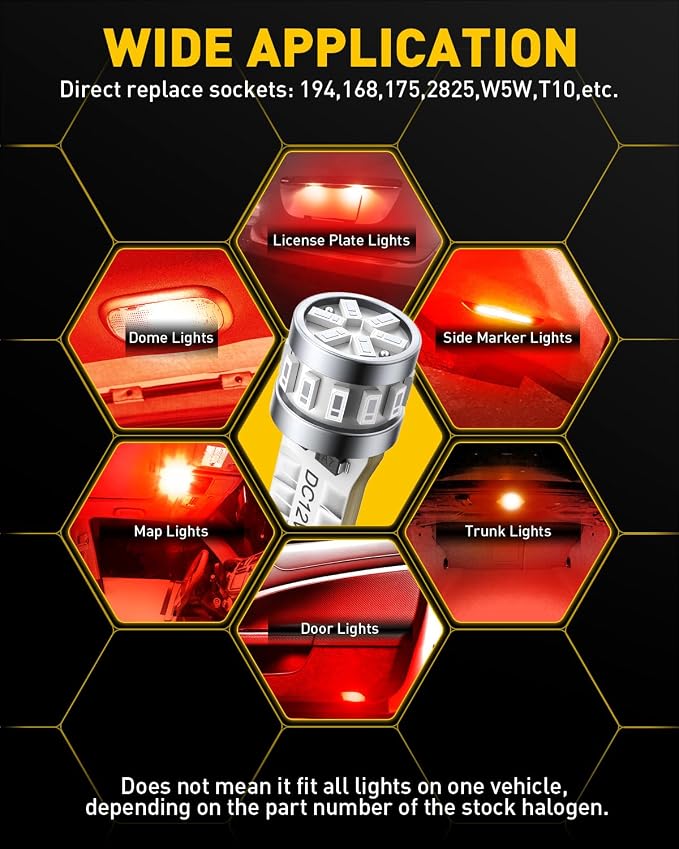 AUXITO Latest 194 LED Bulbs Red, Canbus Error Free 168 2825 T10 W5W LED Bulb for Car Dome Door Map Courtesy Trunk Cargo License Plate Exterior Lights, Pack of 2