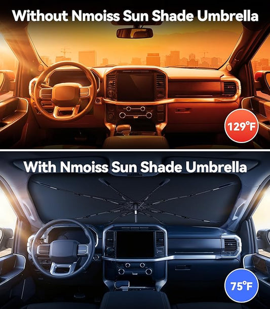 Nmoiss [Vinyl Coating Heat Shield] Windshield Sun Shade Umbrella, Compatible with Ford F150 F250 F350 All Models, F-Series Truck Accessories to Block UV Rays, Reduce Heat & Protect Interior