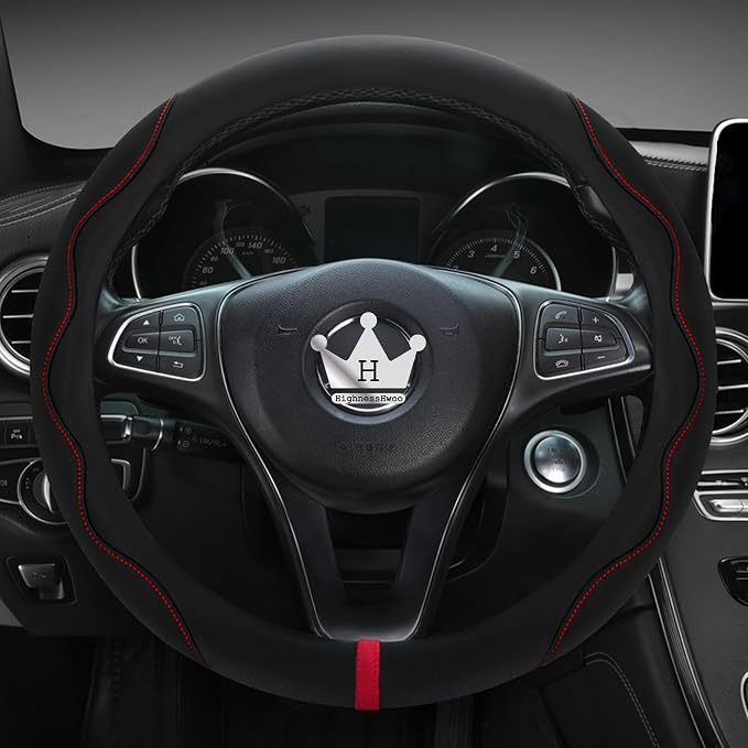 HighnessHwoo Luxury Suede Steering Wheel Cover for Cars, Soft Leather Padded Wheels Cover for F150, Trucks, Jeep, Van, Auto Thin Large Car Handle Cover, Universal Fit, Anti Slip, 15.2-16in, Black