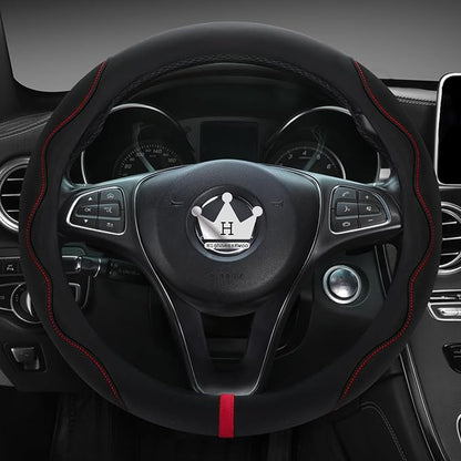 HighnessHwoo Luxury Suede Steering Wheel Cover for Cars, Soft Leather Padded Wheels Cover for F150, Trucks, Jeep, Van, Auto Thin Large Car Handle Cover, Universal Fit, Anti Slip, 15.2-16in, Black