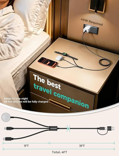 2Pack Travel Essentials,3 in 2 USB C Cable for Apple Watch Charger,iPhone Charger,Multi Charging Cable,Cruise Vacation Camping,Portable for iWatch Series 11-2/Ultra/SE & iPhone 17-12,Car,Black