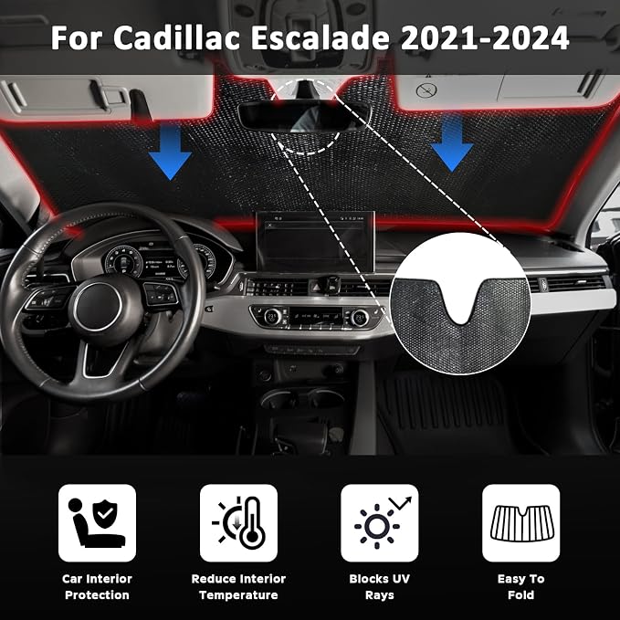 Car Windshield Sun Shade for Cadillac Escalade 2021-2025 2026, 5-Layer Bubble Foldable Thicken Front Window Sunshade Sun Visor Protection Accessories - Blocks Heat & UV Rays Keep Car Cooler