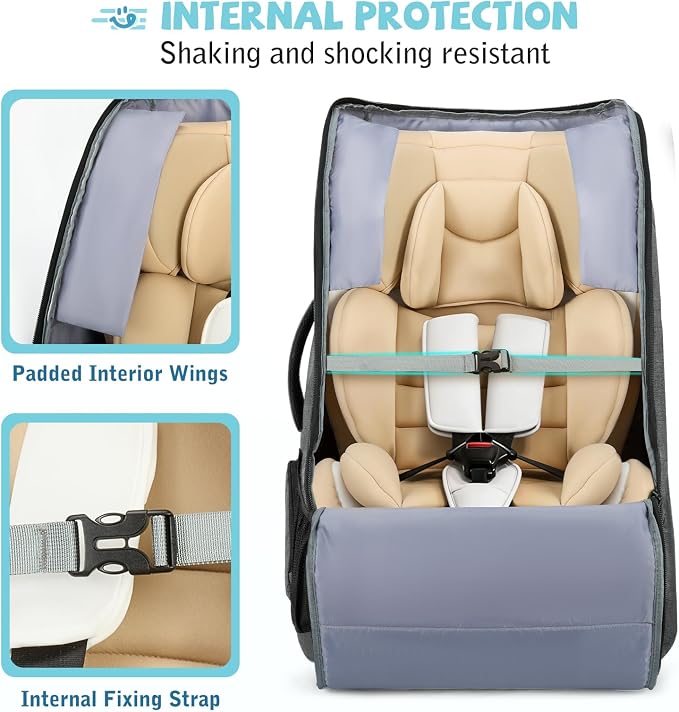RAINSMORE Car Seat Travel Bag for Airplane Padded Carseat Backpack Heavy-duty Car Seat Cover for Air Travel Infant Car Seat Carrier Bag with Shoulder & Waist Strap, Fits Most Car Seat & Booster Seats