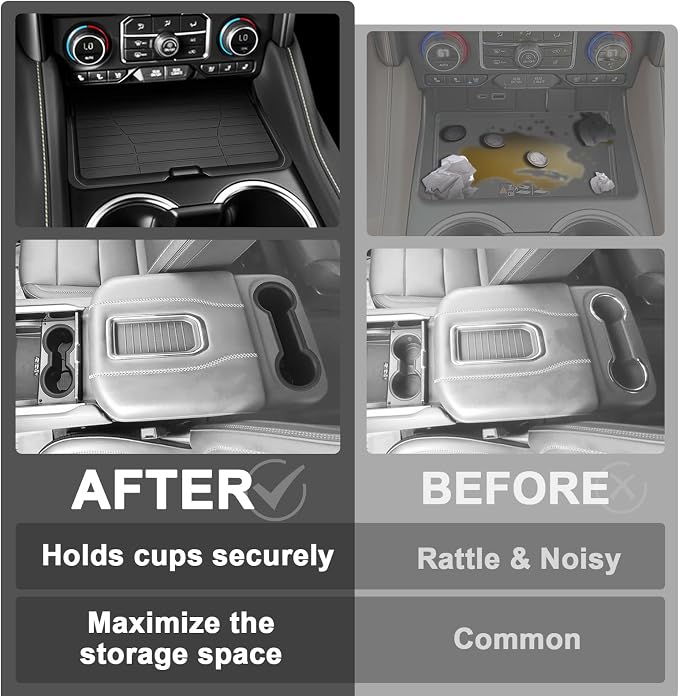 Muslogy Front Center Console Organizer & Cup Holder Inserts Compatible with 2021-2024 GMC Yukon Chevy Tahoe Suburban Accessories Front & Rear Silicone Drink Holder 2PCS & Middle Console Removable Lid