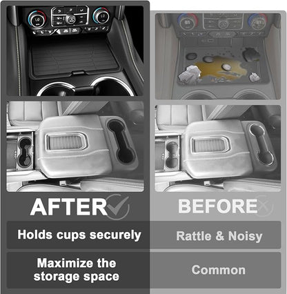 Muslogy Front Center Console Organizer & Cup Holder Inserts Compatible with 2021-2024 GMC Yukon Chevy Tahoe Suburban Accessories Front & Rear Silicone Drink Holder 2PCS & Middle Console Removable Lid