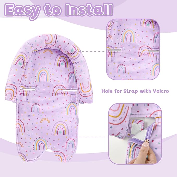 Infant Car Seat Insert with 2 Strap Pads, Carseat Cushion Baby Boy & Girl, Soft and Comfortable Carseat Head Support for Newborn, Purple Rainbow