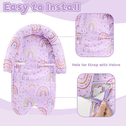 Infant Car Seat Insert with 2 Strap Pads, Carseat Cushion Baby Boy & Girl, Soft and Comfortable Carseat Head Support for Newborn, Purple Rainbow
