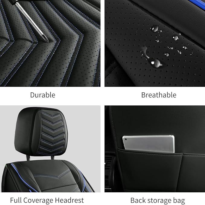 HChengkikz Car Seat Covers, Breathable and Waterproof Leather Seat Covers for Cars, Universal Anti-Slip Driver Seat Cover for Most SUV Pick-up Truck Sedan (2 PCS Front Seat, Black + Blue)
