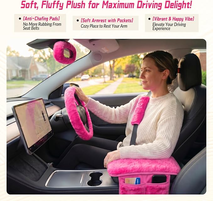 5 Pcs Fuzzy Pink Color Car Accessories Set, Soft Fluffy Plush Steering Wheel Cover, Center Console Armrest Pad & Rearview Mirror Cover - Interior Decorations for Women,Universal Fit (Pink)
